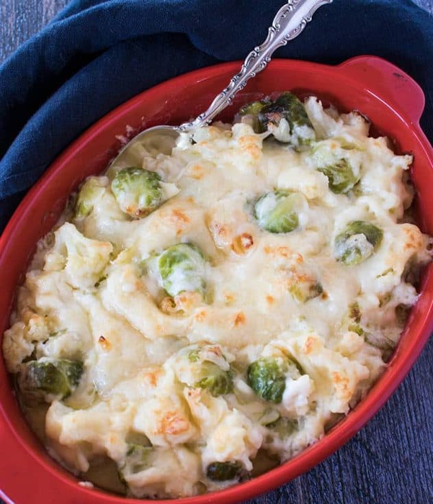 Cauliflower & Brussels Sprouts combined in a cheesy au gratin in a casserole dish.