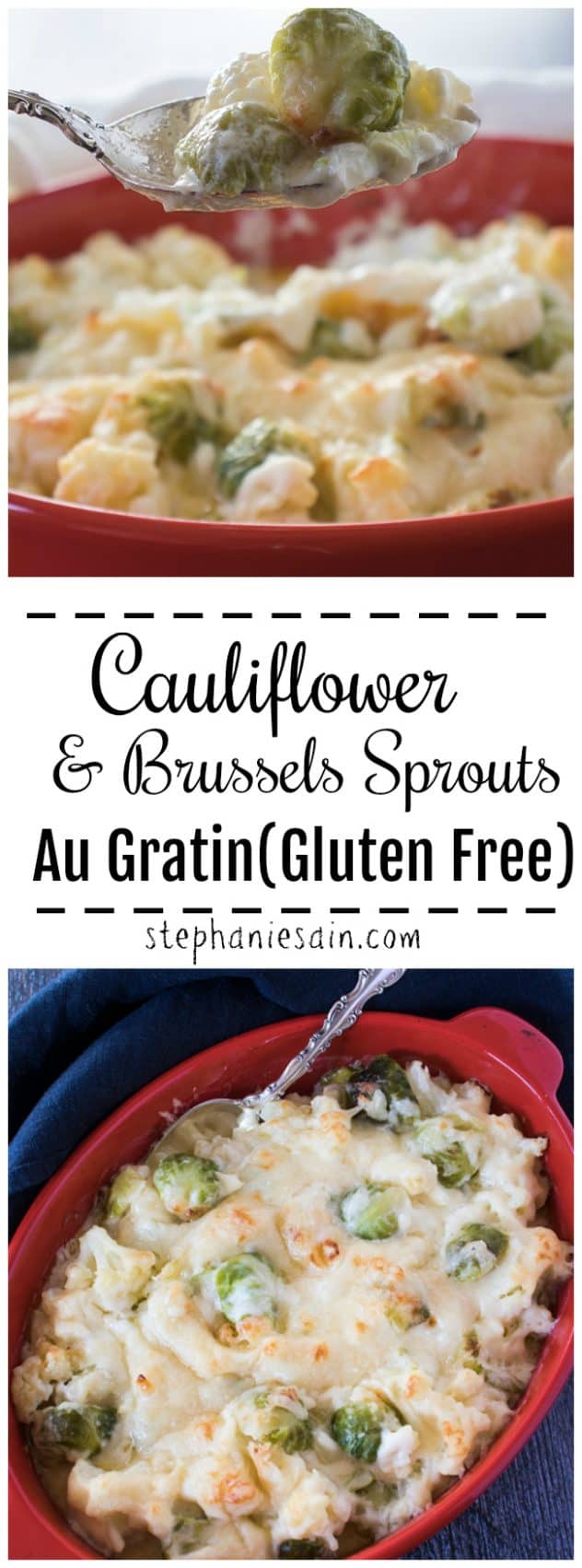 This Cauliflower Au Gratin is made extra special with the addition of brussels sprouts. Creamy, cheesy, & delicious with a light golden crust. Great for a holiday side or anytime you want a special dish. Gluten Free.