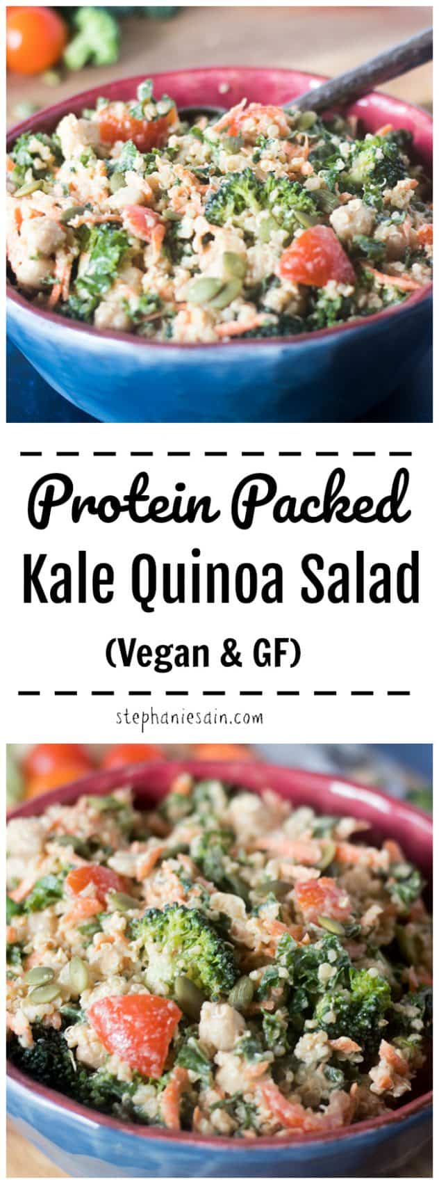 This Kale Quinoa Salad is loaded with lots of fresh veggies and quinoa. Then dressed with a lemon tahini dressing. A great make ahead salad perfect for quick easy lunches and dinners. Vegan & Gluten Free.