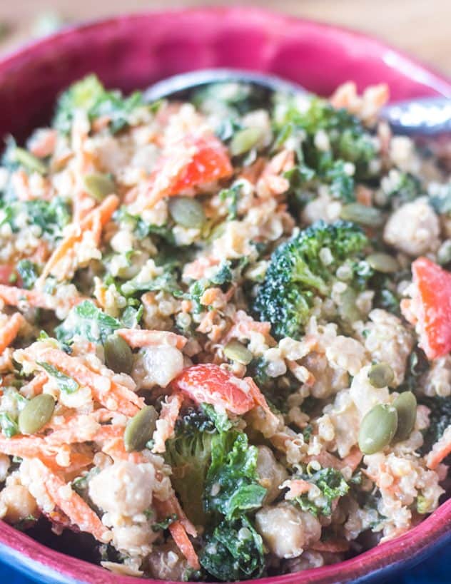 Kale Quinoa Salad in a bowl with tahini dressing