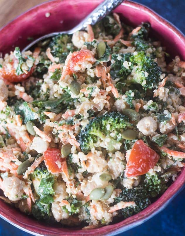 Kale Quinoa Salad in a bowl with tahini dressing