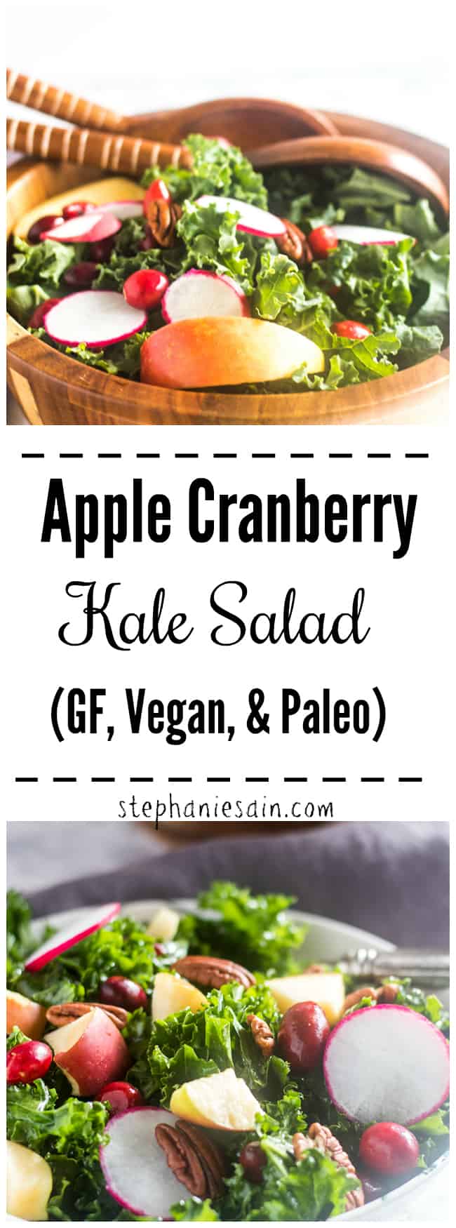 This Kale Salad is a super easy salad made with massaged kale, apples, cranberries & pecans. Lightly dressed with a lemon maple dressing. Perfect for a Holiday side or anytime you want a healthy light lunch or dinner. Gluten Free, Vegan, & Paleo.