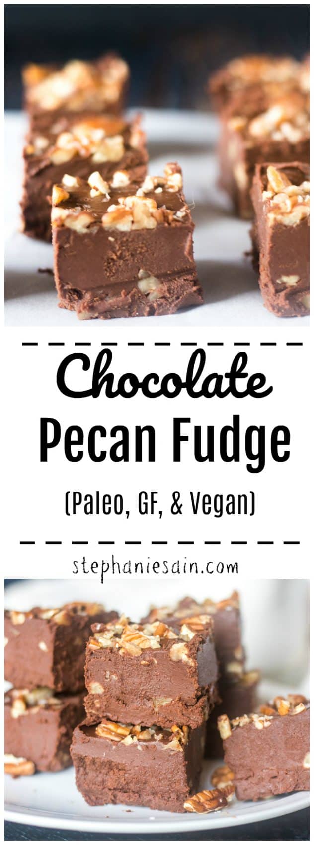 This Chocolate Fudge is rich creamy, and loaded with chocolatey flavor. Crunchy pecans added to the fudge making it a perfect treat for the holidays or anytime. Super easy to make with less then 10 minutes prep. Vegan, Paleo, GF and No added refined sugars.