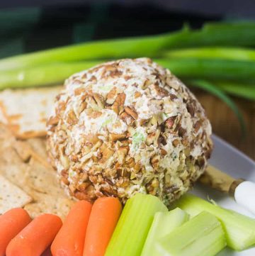 Cheese Ball on plate with carrots, celery & crackers.