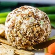 Cheese Ball on a plate with crackers, celery, & carrots.