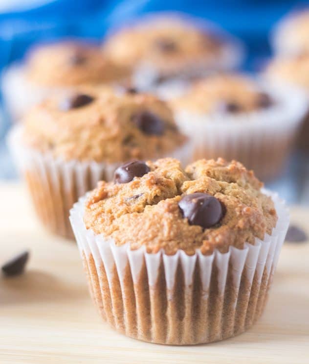 Coconut Flour Chocolate Chip Muffins in baking cups on a serving board.