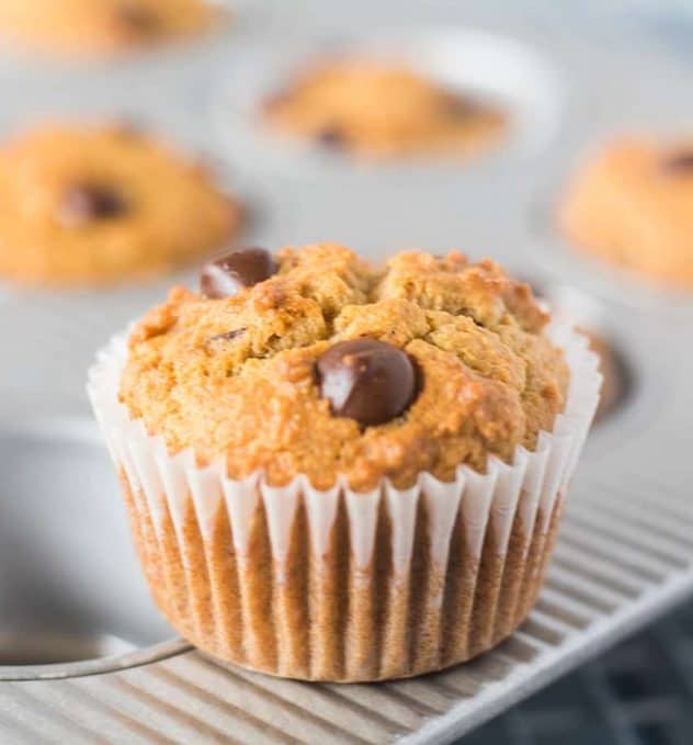 Coconut Flour Chocolate Chip Muffins in a pan with one removed and in white baking cup.