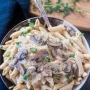 Mushroom Stroganoff in a bowl with a spoon garnished with parsley.