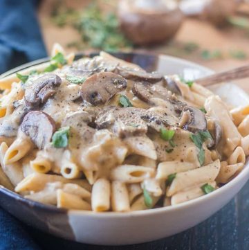 Mushroom Stroganoff sauce topped on penne noodles in a bowl.