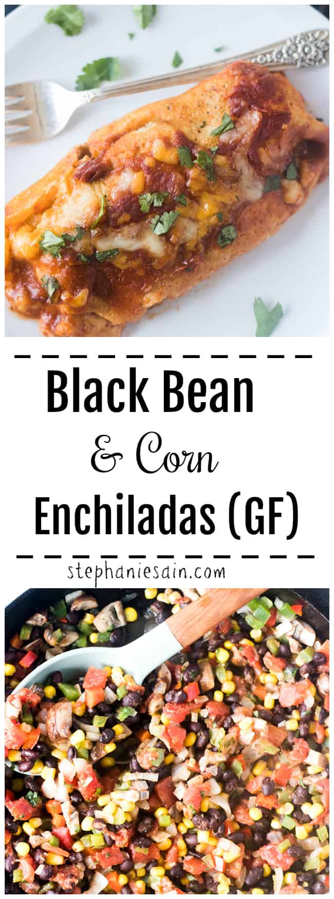 These Vegetarian Enchiladas are made with black beans, corn, bell peppers, onions and cilantro and topped with homemade enchilada sauce. Can be made ahead and re-heated. Perfect for a tasty vegetarian family friendly dinner. Gluten Free.