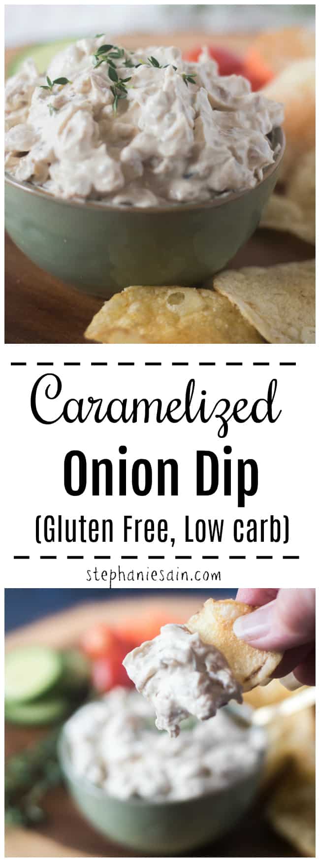 This Caramelized Onion dip is simple to prepare and a tasty dip to serve at parties, for entertaining or movie night. Loaded with sweet, nutty caramelized onions and is great served with veggies or chips. Gluten Free, Easy, and Low Carb.