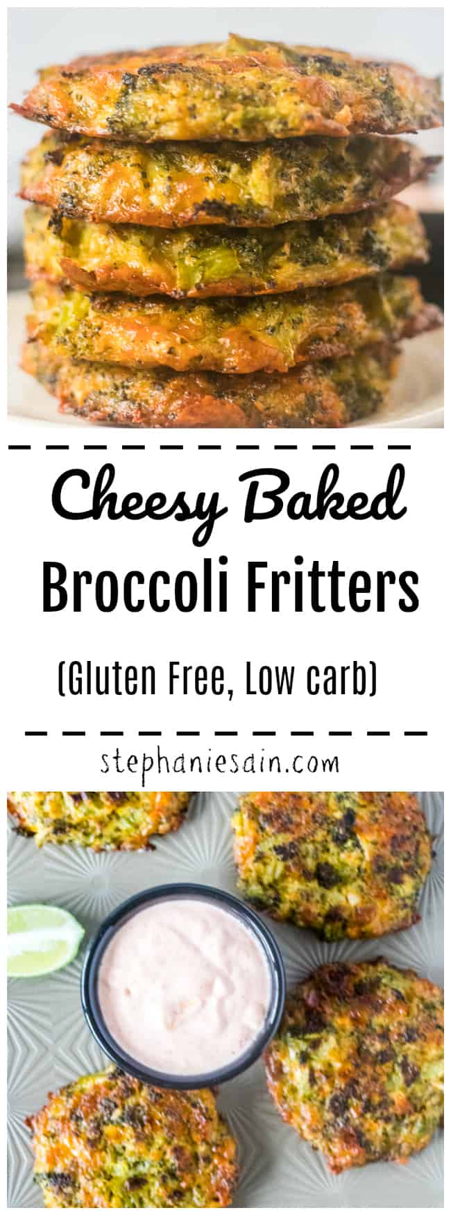 These Broccoli Fritters are oven baked, cheesy and delicious. Easy to make in one bowl with only five ingredients. Great for snacks, appetizers or a side. Serve with your favorite dipping sauce. Gluten Free, Low Carb.