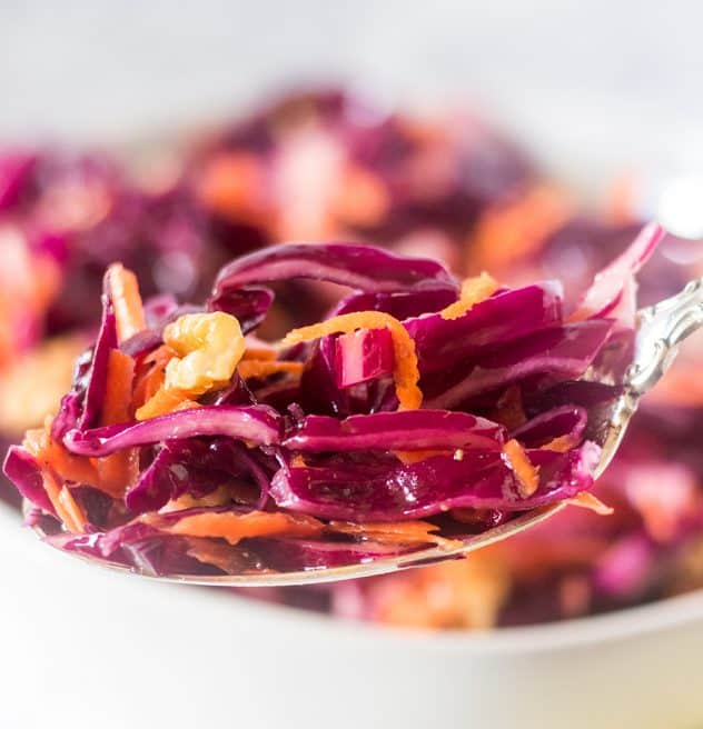 Red Cabbage Slaw on a silver spoon.