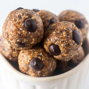 Chocolate Almond Butter Energy Bites in a white bowl.