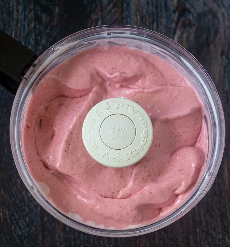 Paleo Strawberry Ice Cream blended in the food processor.