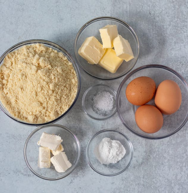 almond flour, butter, cream cheese, eggs, baking powder, salt