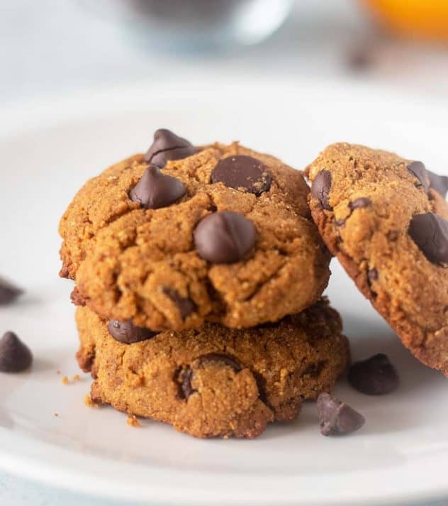 Coconut Flour Pumpkin Chocolate Chip Cookies on a white plate