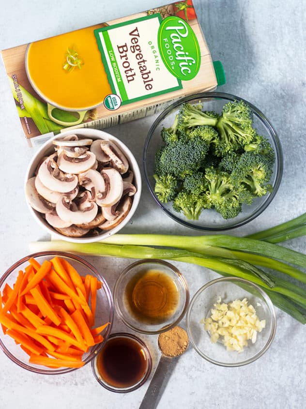 Vegetable broth, mushrooms, broccoli , carrots, green onions, garlic ginger, sesame oil, coconut aminos