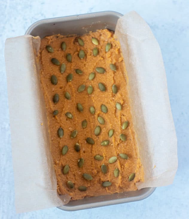 Pumpkin Bread in loaf pan prior to cooking.