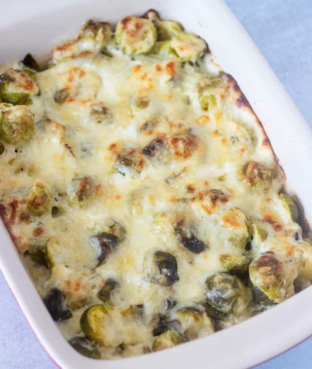 brussel sprouts au gratin baked in a casserole pan