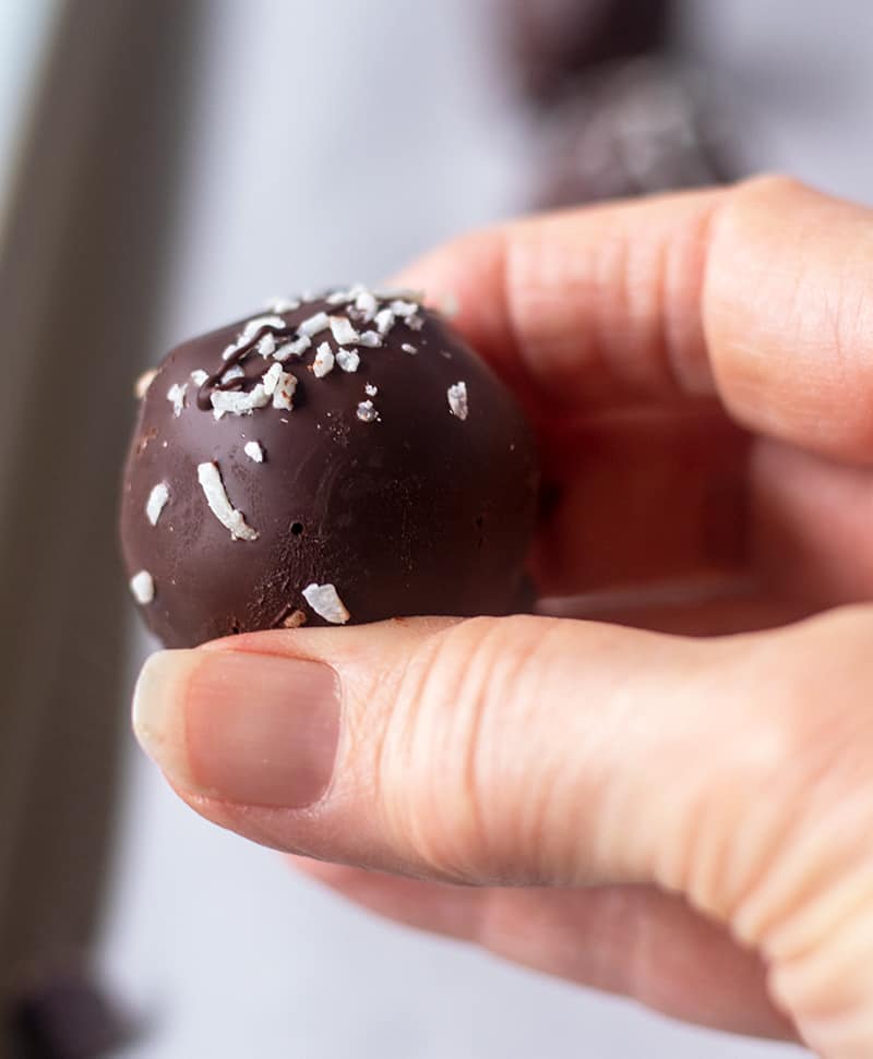 chocolate coconut ball in hand
