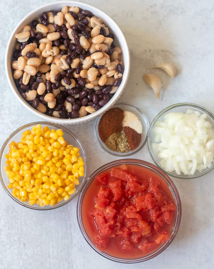 beans, corn, tomatoes, garlic, onion, and seasonings.