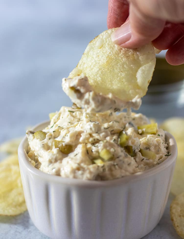 dill pickle dip on a chip