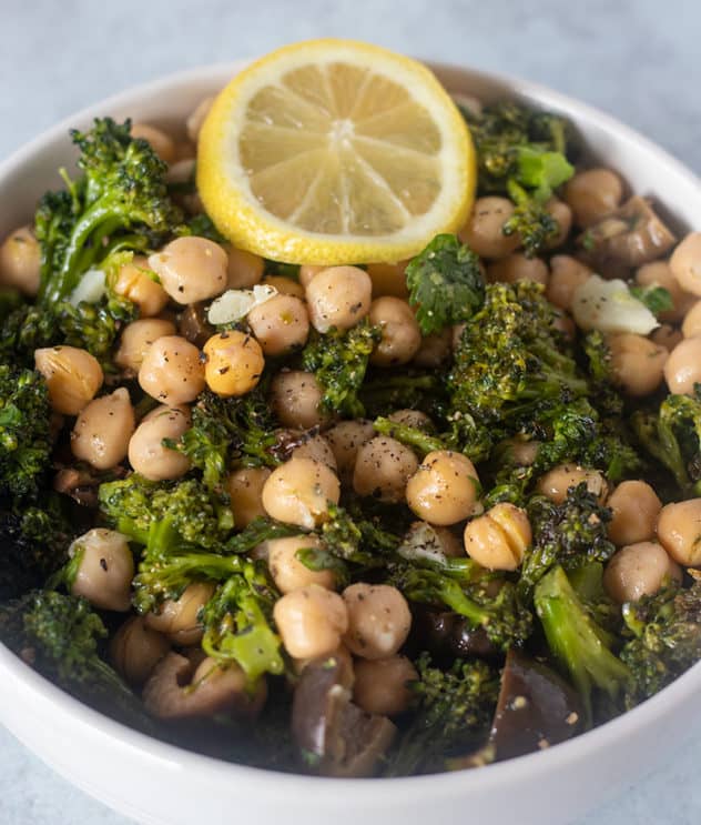 Broccoli Chickpea Salad recipe in a white bowl.