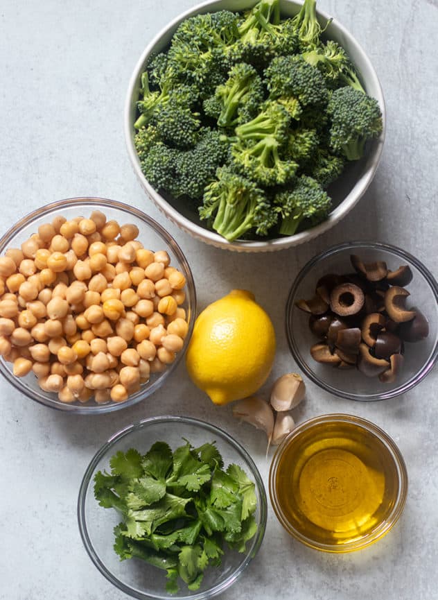 Broccoli, Chickpeas, Lemon, Black Olives, Cilantro, Olive oil