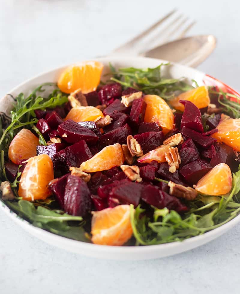 Roasted Beet Salad in a white bowl