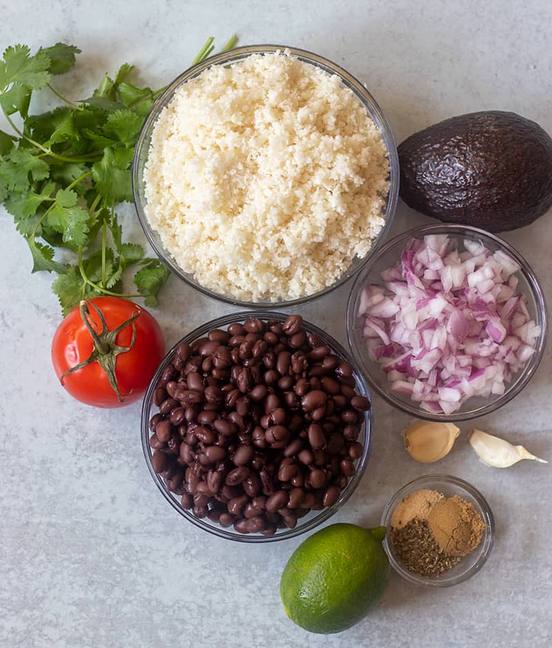 cilantro, tomato, cauliflower rice, avocado, red onion, black beans, lime, garlic, seasonings