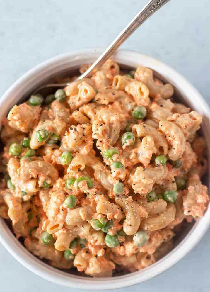 Macaroni Salad in a bowl with a silver fork