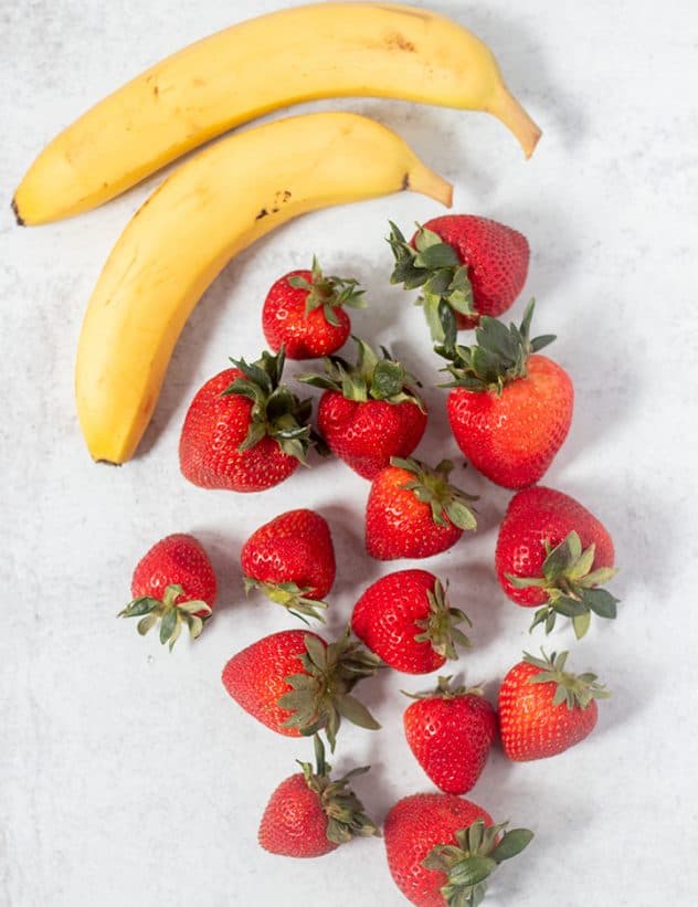 Strawberry Milkshake ingredients which includes bananas and strawberries