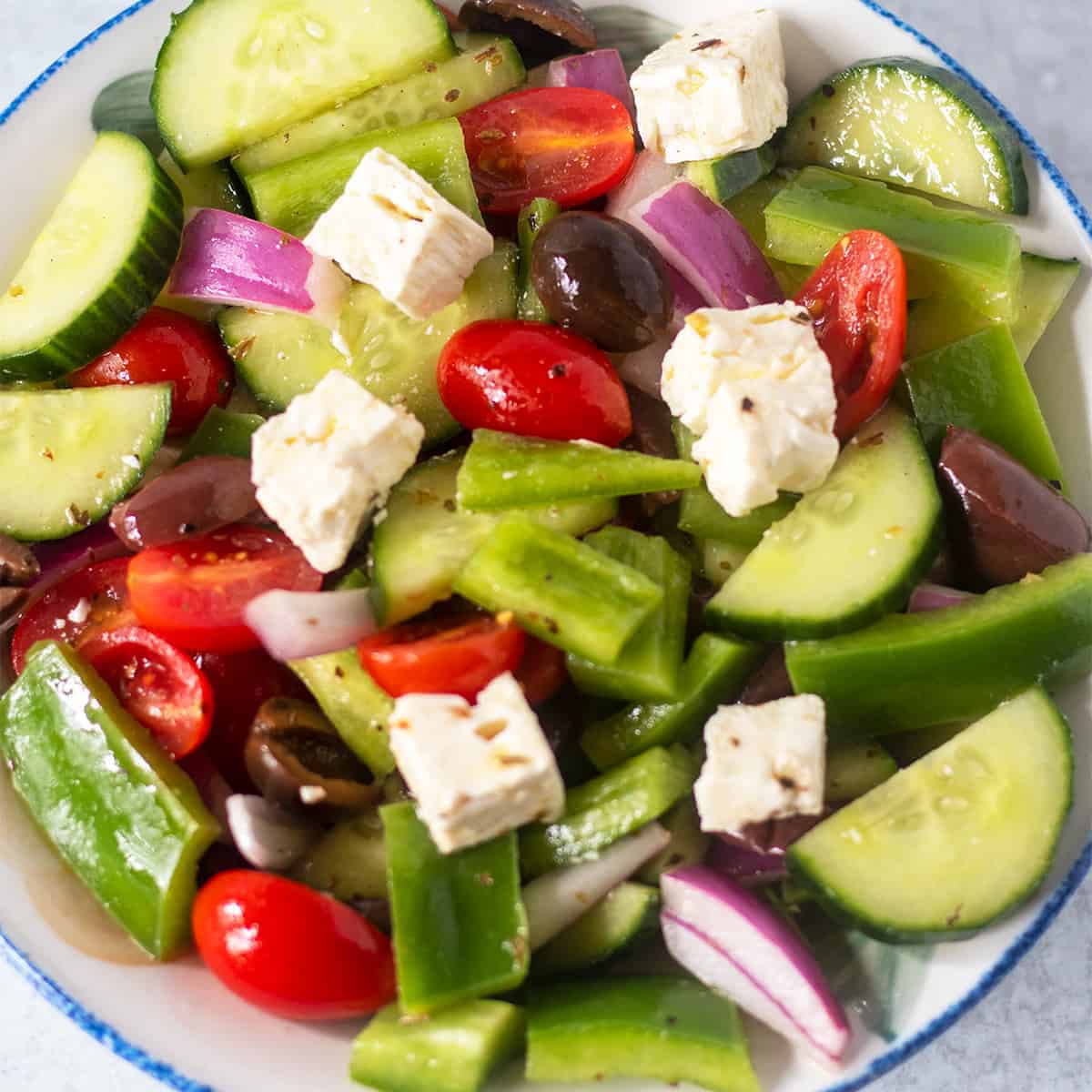 Greek Salad in a white bowl