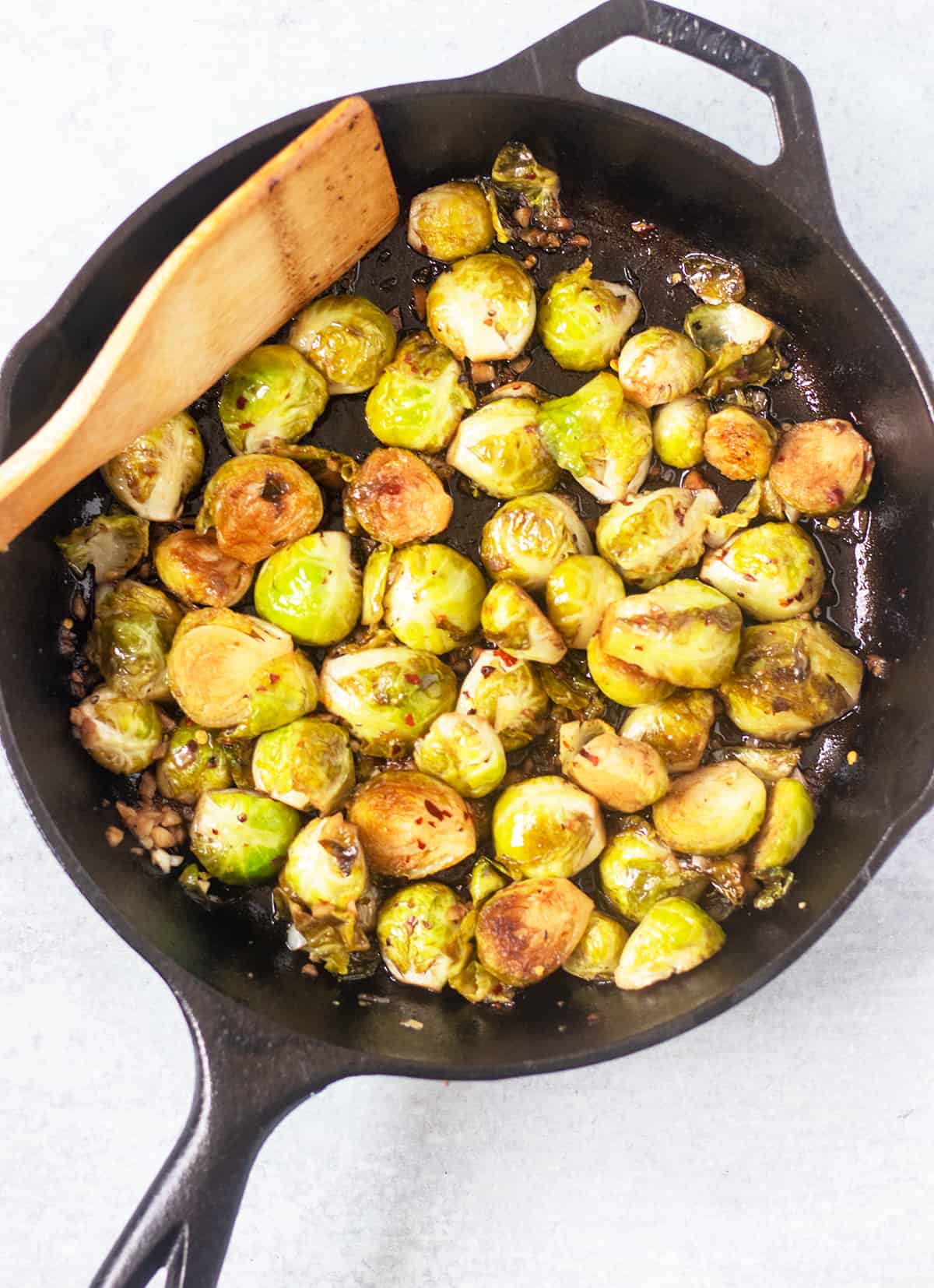 brussel sprouts cooking in pan