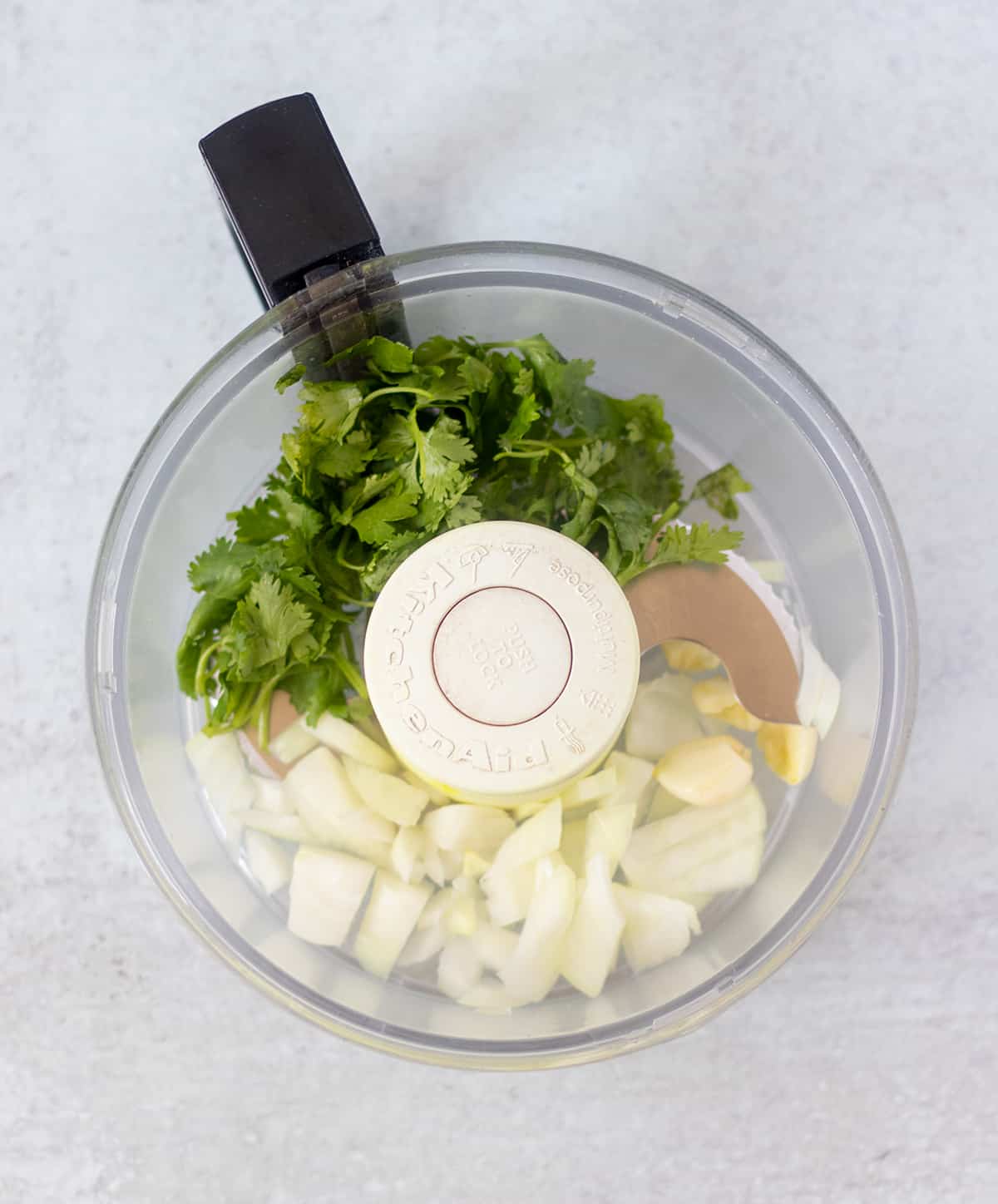 cilantro, onion and garlic in food processor