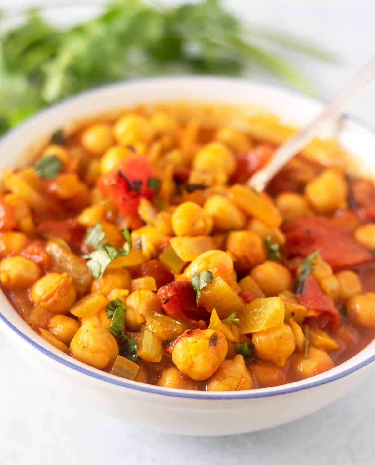 chickpea masala soup in a white bowl garnished with fresh chopped cilantro with a silver spoon in the bowl