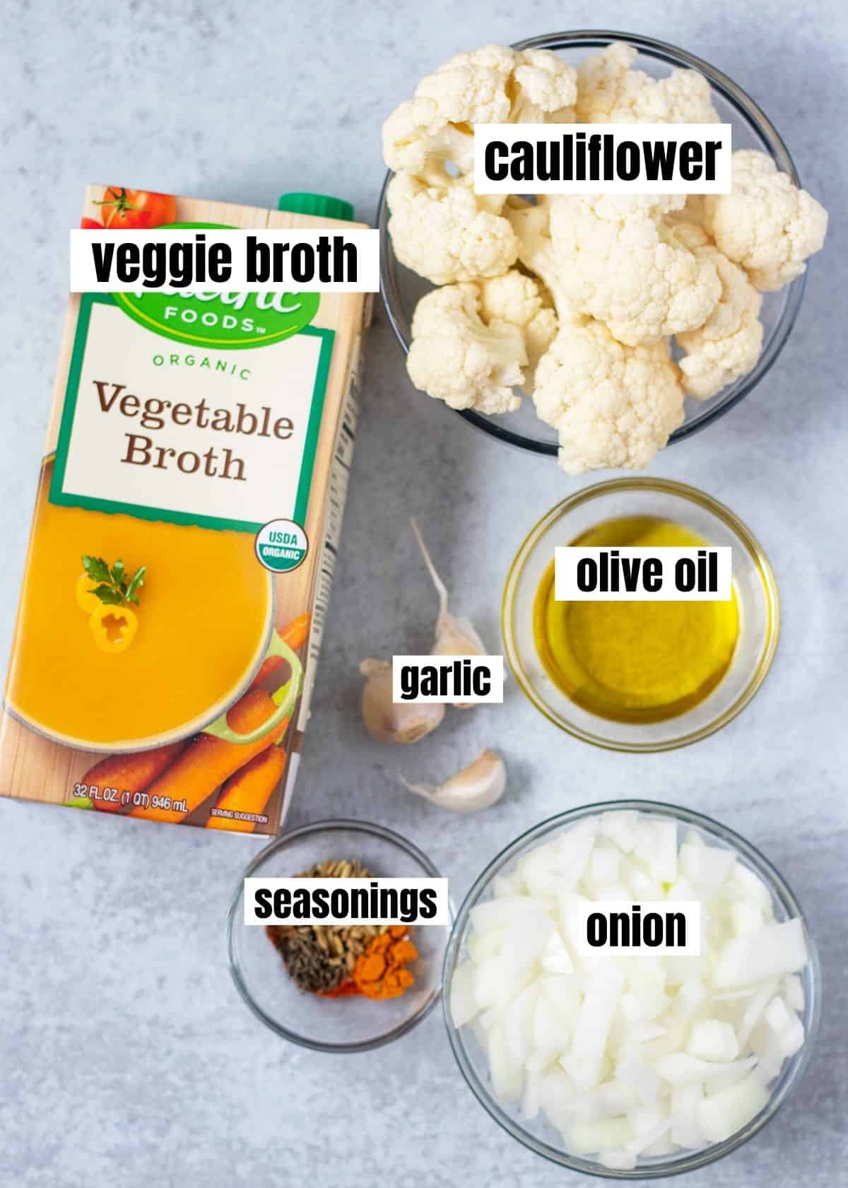 vegetable broth, cauliflower florets, olive oil, garlic, onion, seasonings