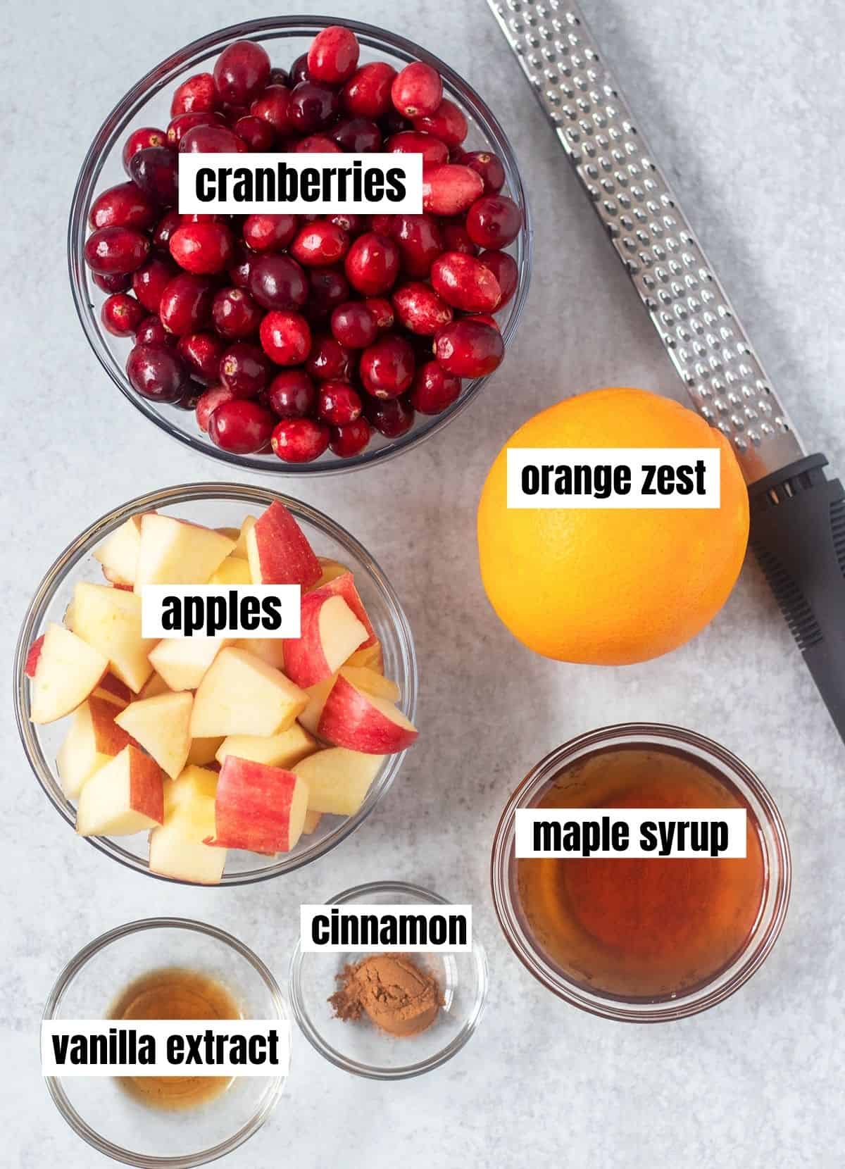 cranberries, orange zest, apples, maple syrup, cinnamon, vanilla extract