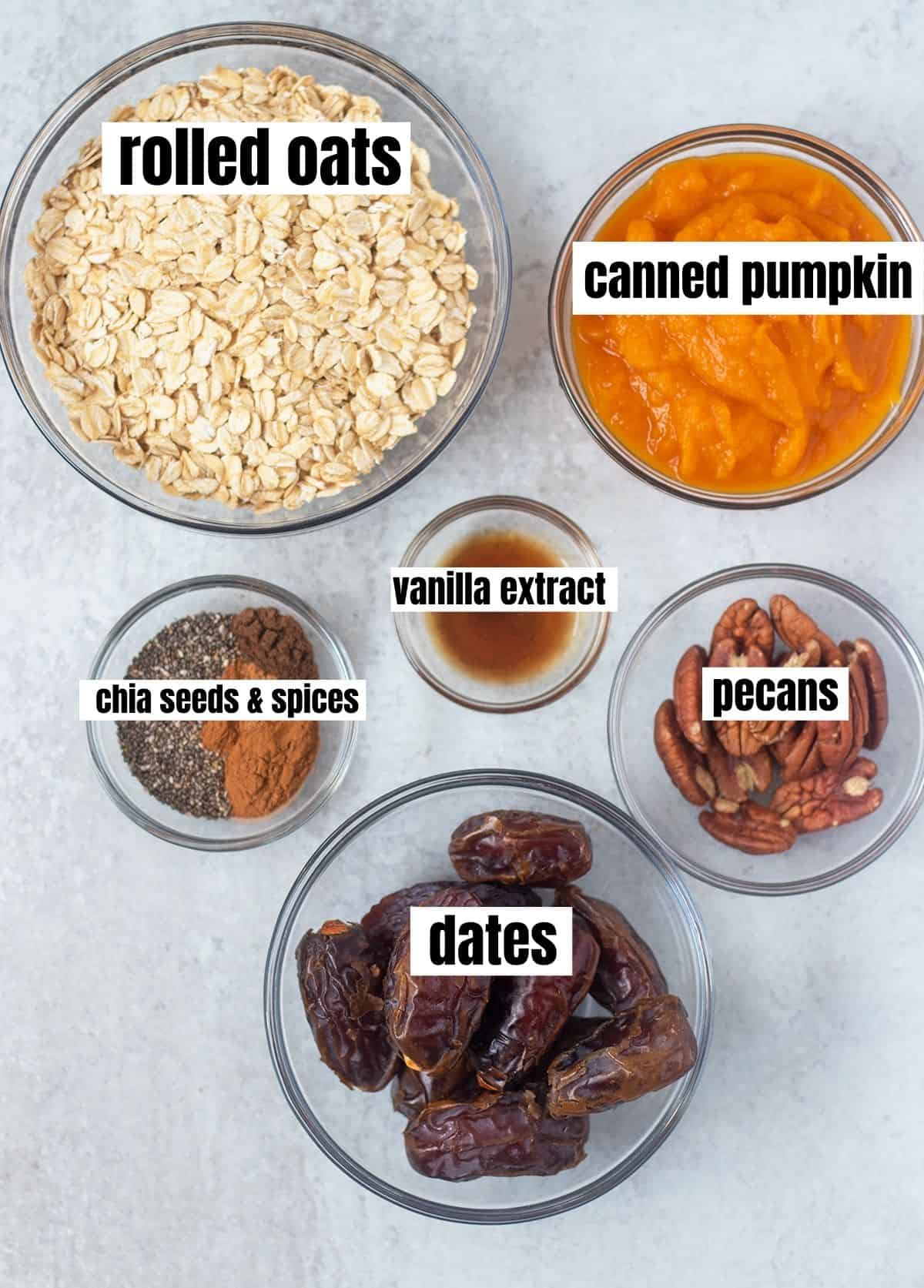 rolled oats, canned pumpkin, vanilla extract, chia seeds, seasonings pecans, and dates