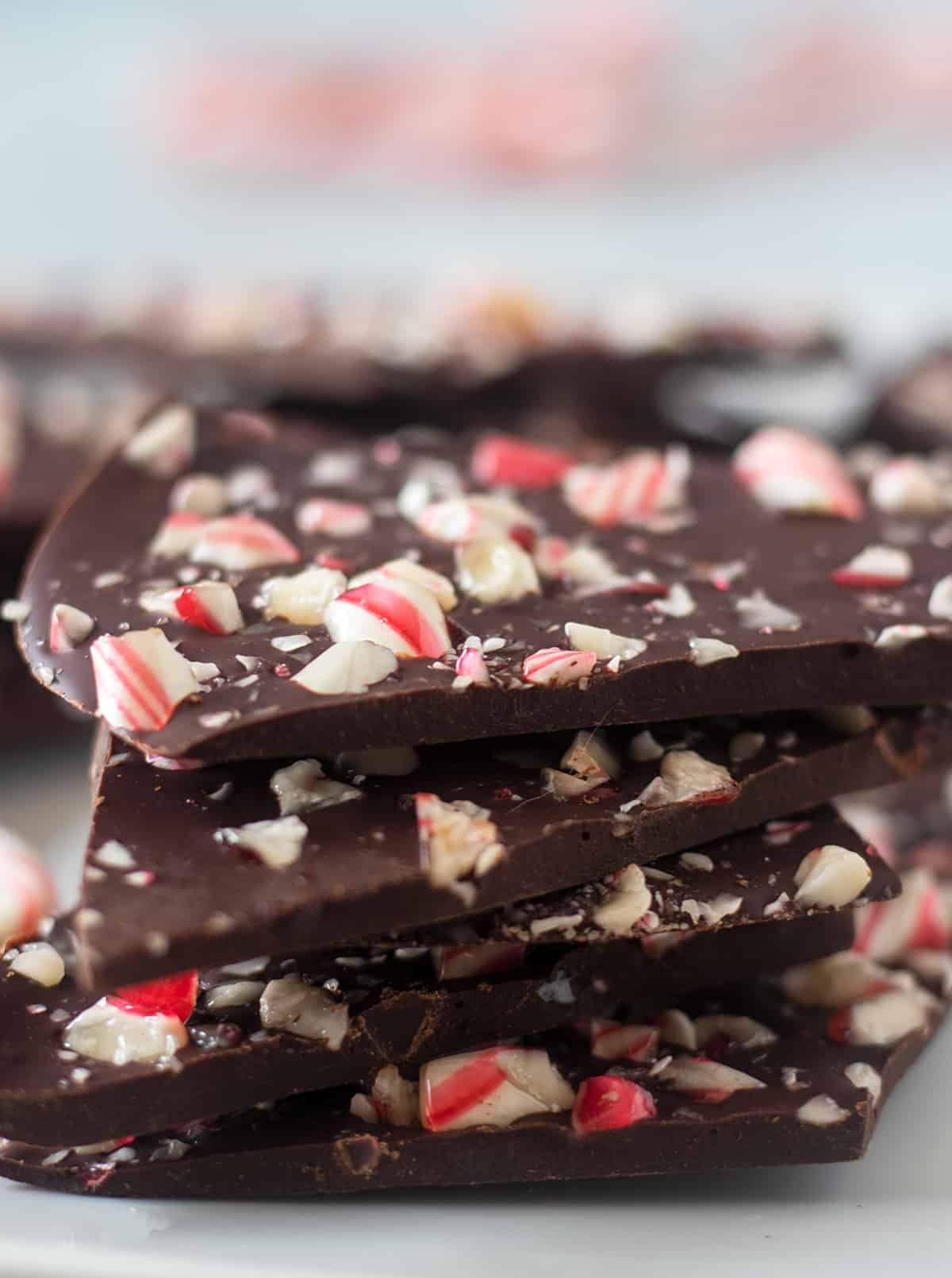 dark chocolate peppermint bark stacked on top of each other