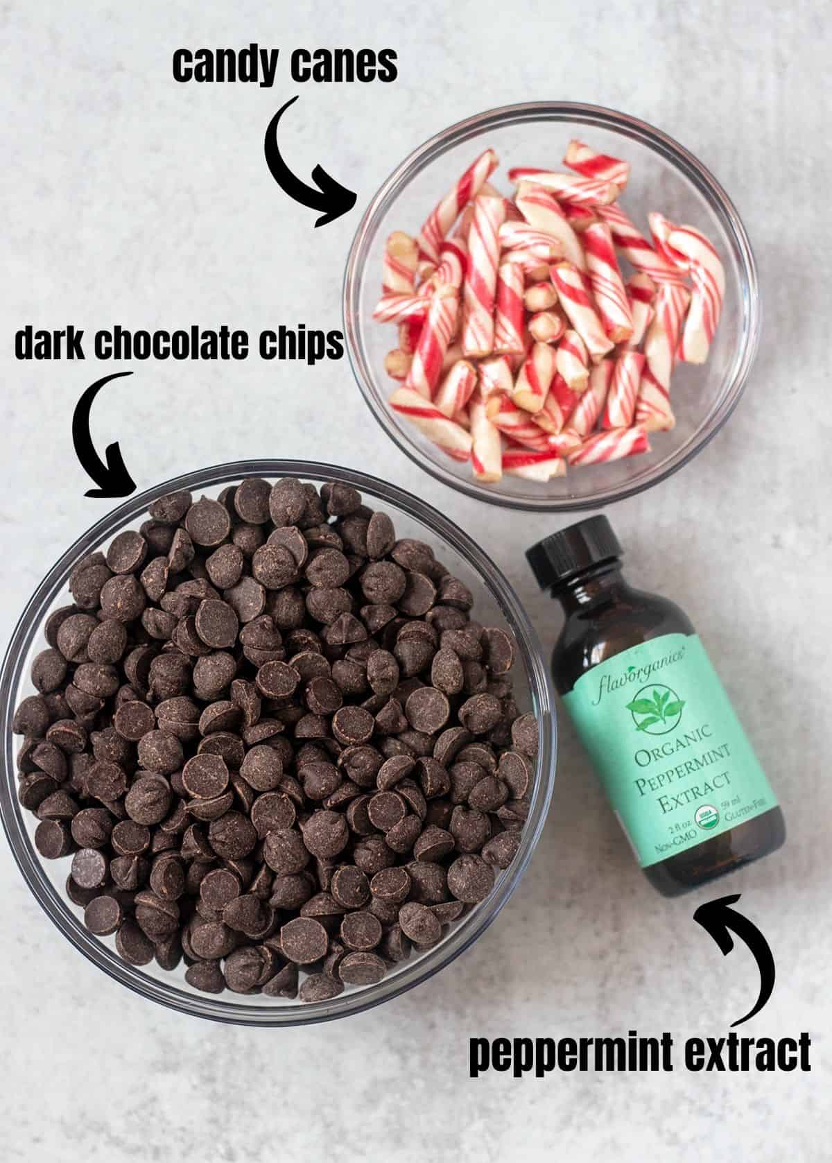 dark chocolate chips, candy canes, and peppermint extract