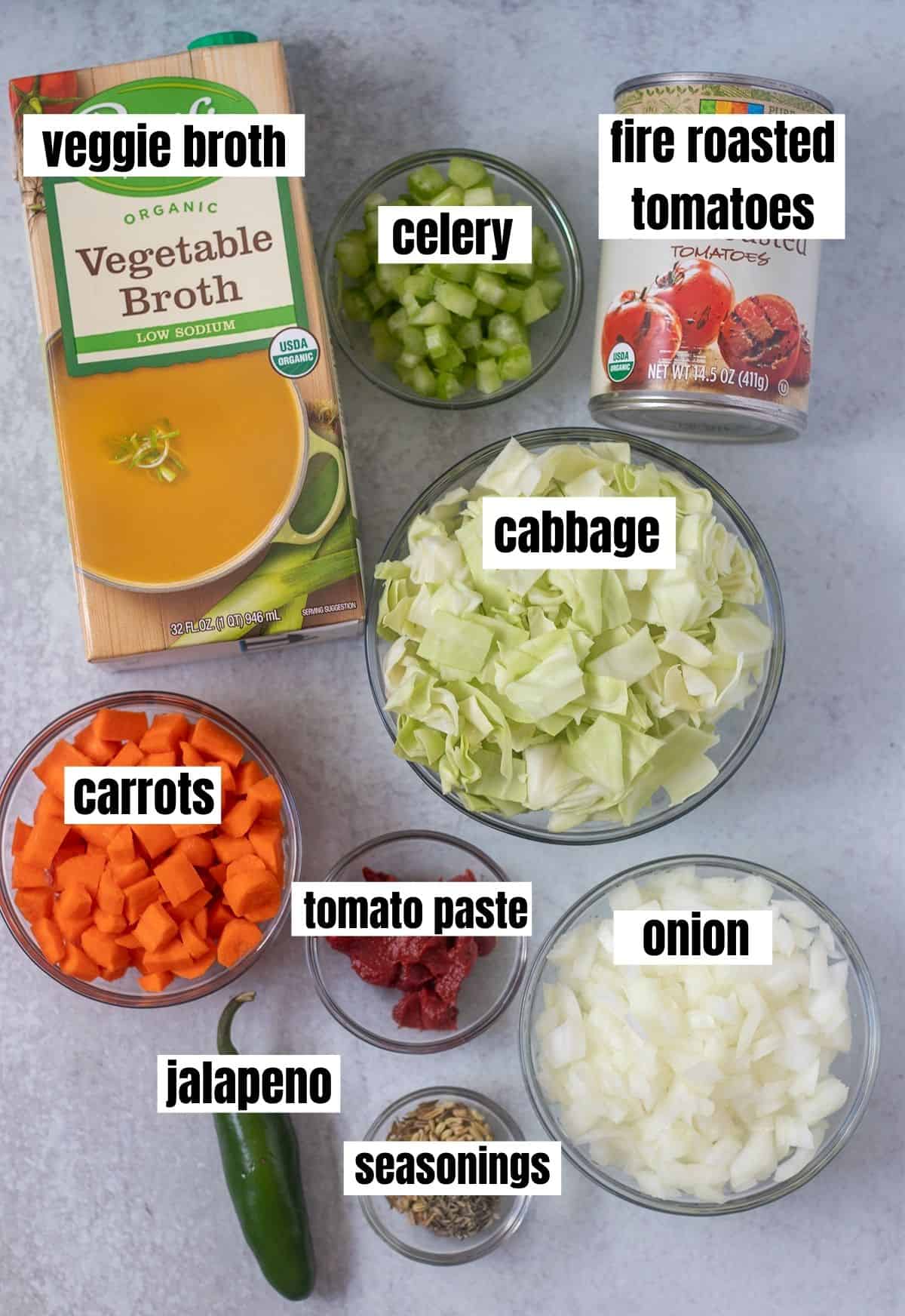 Vegetable broth, celery, fire roasted tomatoes, cabbage, carrots, tomato paste, onion, seasonings, jalapeno