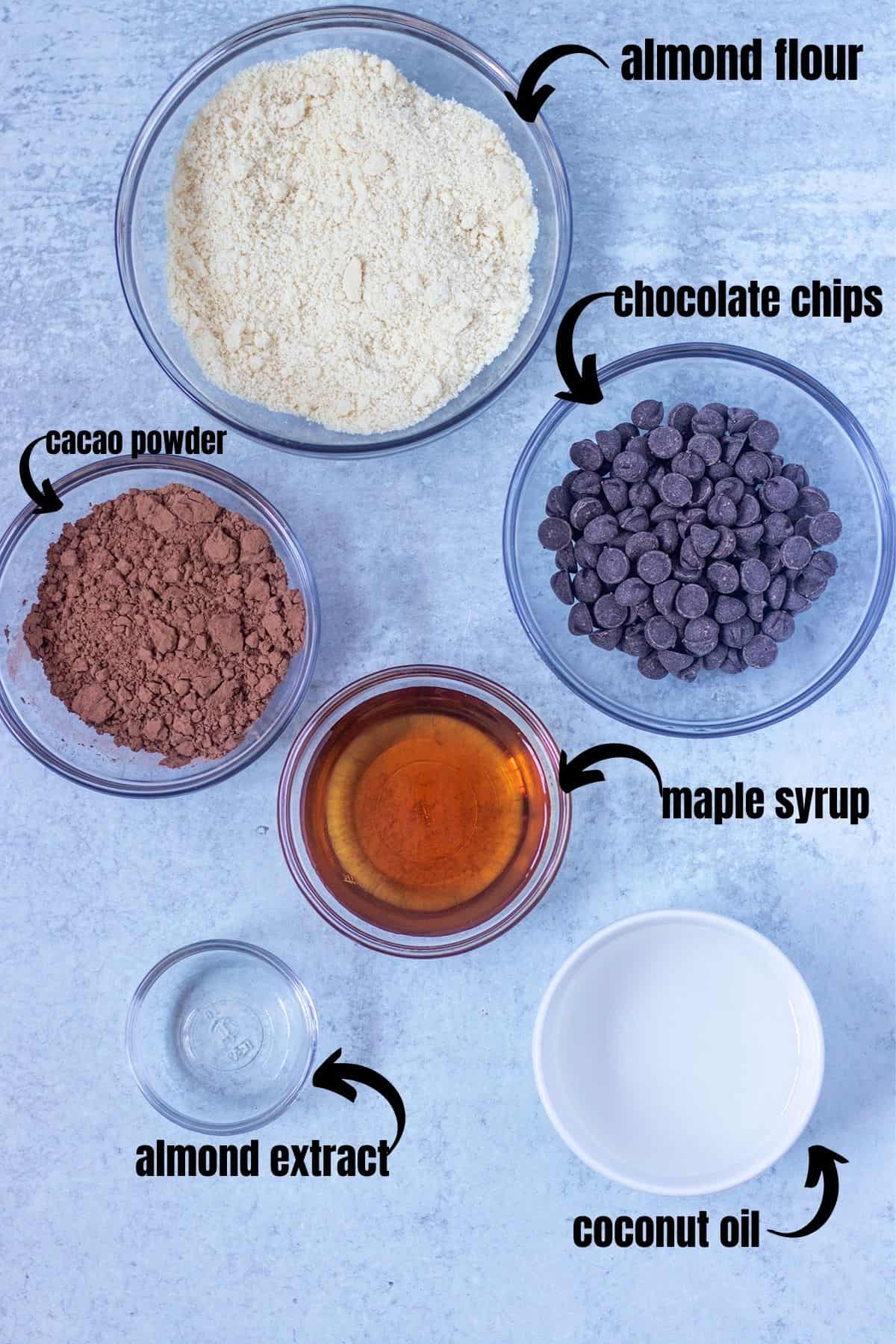 almond flour, dark chocolate chips, cacao powder, maple syrup, almond extract, coconut oil