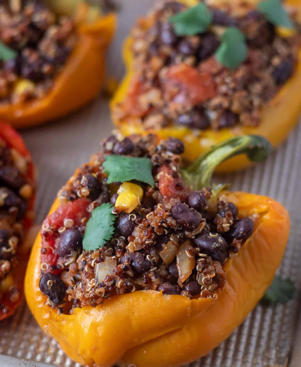 Vegan stuffed peppers with black bean quinoa filling