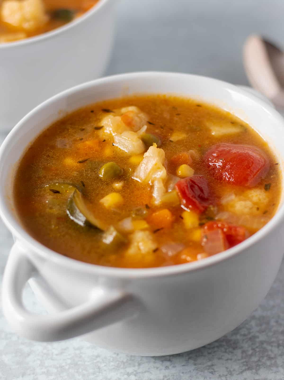 homemade vegetable soup in a white bowl