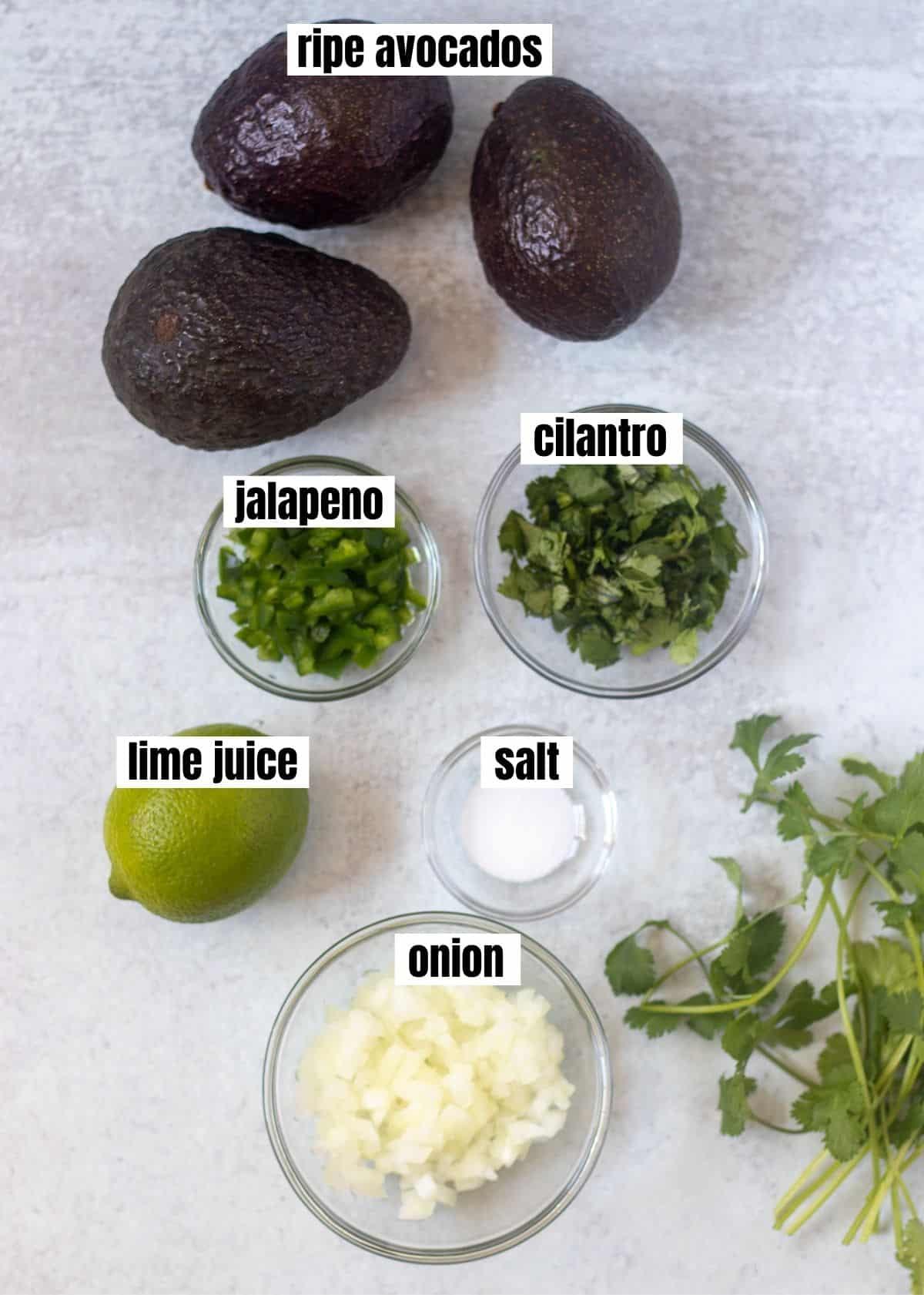 avocados, chopped jalapeno, chopped cilantro, lime, salt and chopped onion