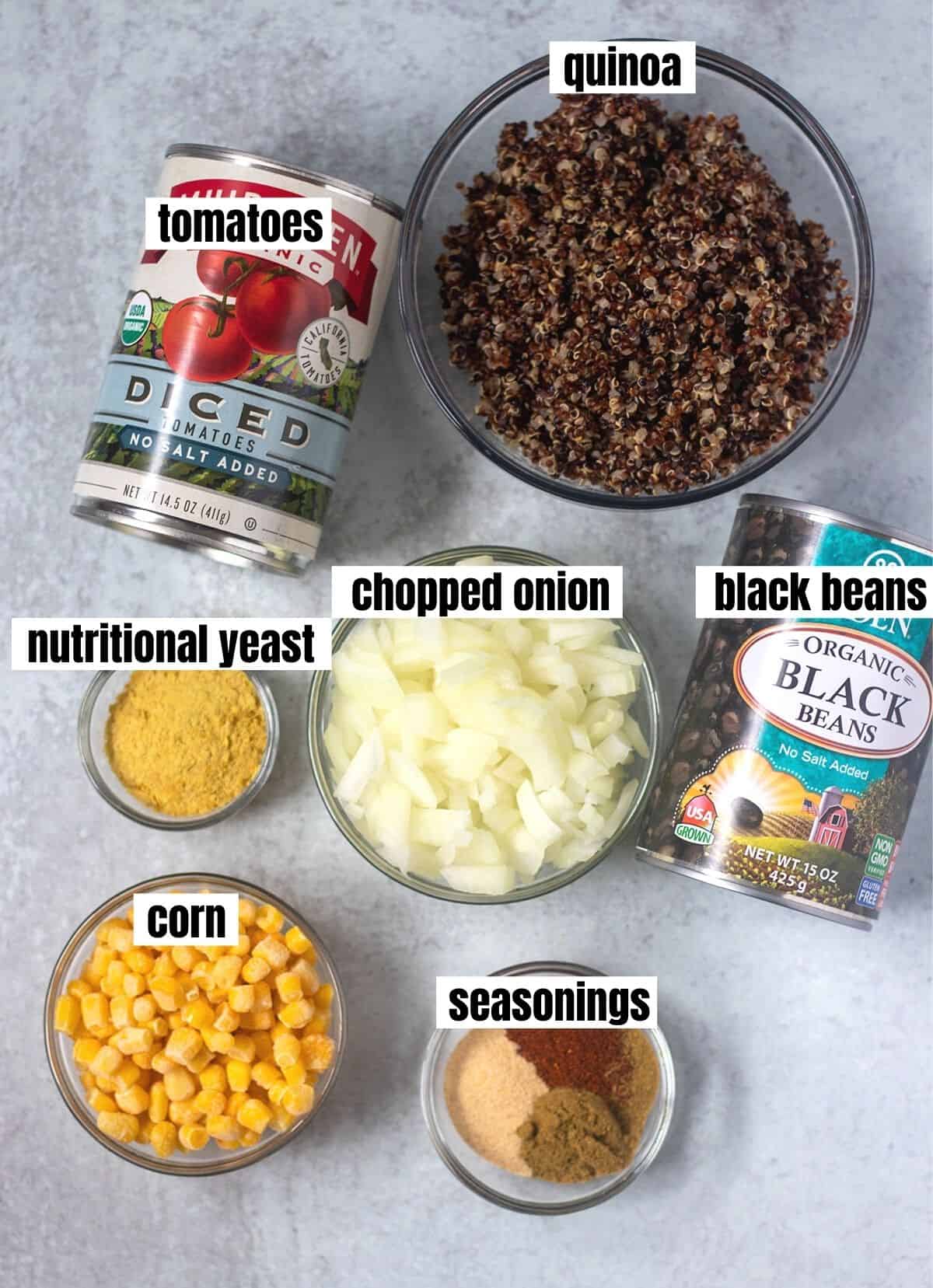 diced canned tomatoes, cooked quinoa, nutritional yeast, chopped onion, can of black beans, corn, seasonings