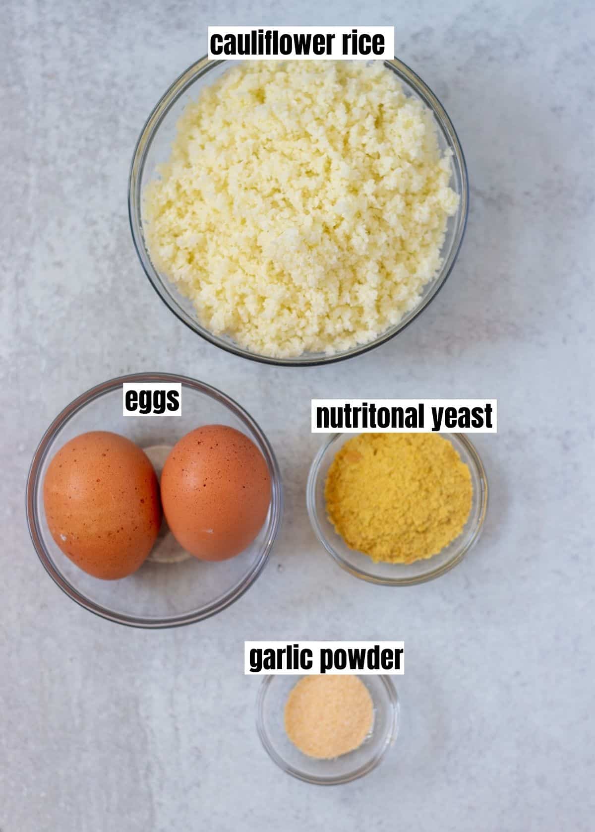 cauliflower rice, eggs, nutritional yeast, garlic powder