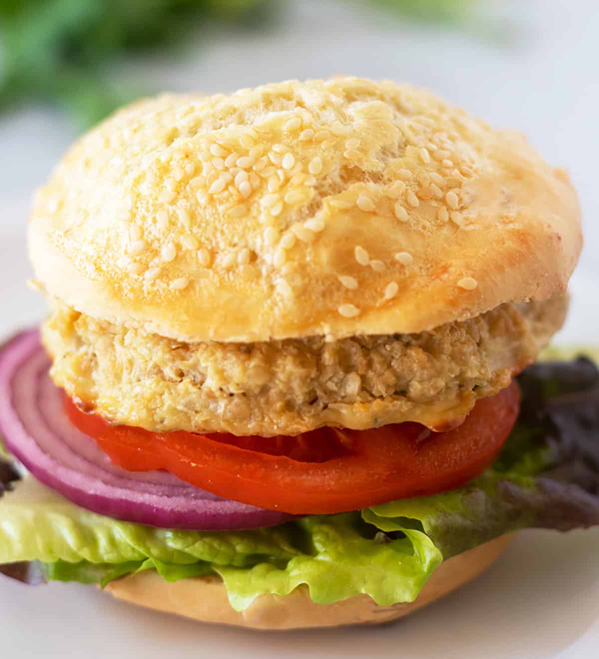 chickpea burger on a bun with lettuce, tomato and red onion